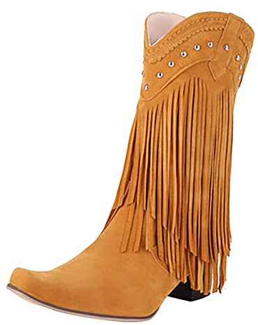 Stivali di gomma da donna alti stivali sexy da donna sexy scarpe a punta sabbia velluto frange stivali Mid Tube Square Heel Mid Heel Stivali da donna con tacco invernale casual, cachi, 40 EU