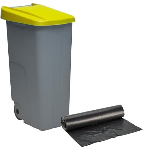 WELL HOME - Contenedor Cerrado 110L Amarillo H.88cm + Rollo 10 bolsas de basura 120L