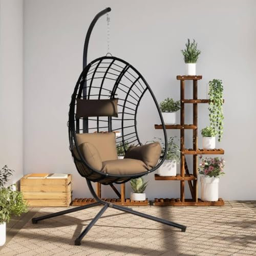 Willood Hängesessel mit Gestell Ei-Design Schaukel Indoor oder Outdoor Sessel mit Kissen + Rückenkissen Taupe Rattan und Stahl