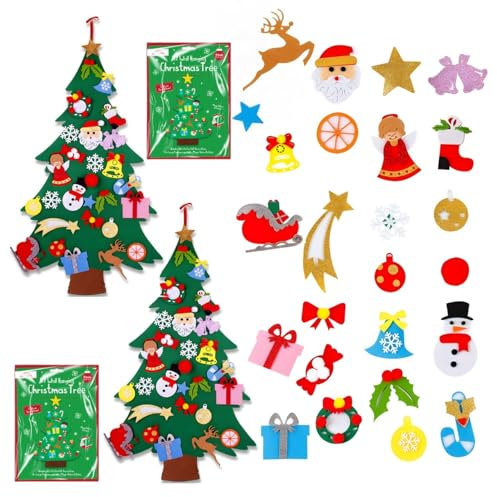 2 Pack DIY Felt Christmas Tree for Kids 3.28 ft With 27 Ornaments, Toddler Xmas Tree With Snowflake & Candy Canes Decorations Kit, 64 Magic Patches