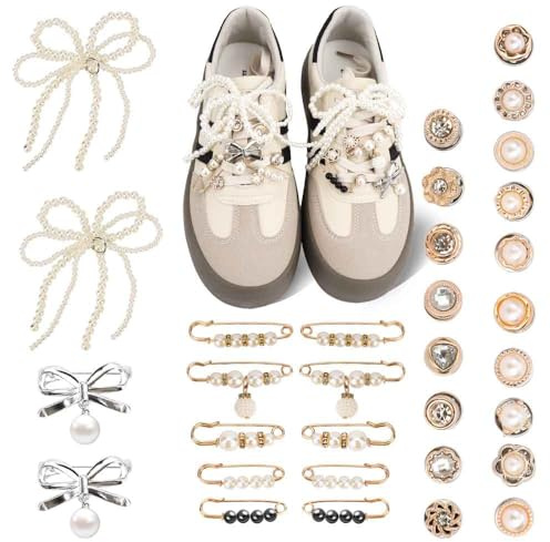 WALLFID 34 PCS Shoe Charms - Jewelry/Bows/Clips/Pins for Sneakers & Shoes