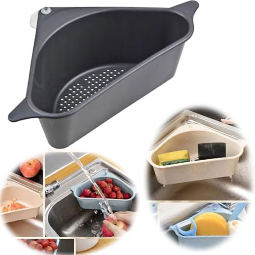 LS-LebenStil Spülbecken Organizer Grau 28cm Dreieck Abtropfsieb mit Saugnapf Schwammhalter Abflusskorb Dreicksieb Ecksieb Eckspüle Spülbecken Küchenspüle Waschbecken