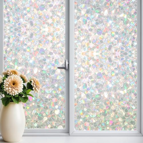 Qualsen Pellicola per Vetri Finestre Motivo a Ciottoli 44.3x200cm, Decorativa Pellicola Adesiva per Vetri Arcobaleno Elettrostatica Autoadesiva Pellicola Privacy Finestre per Casa Ufficio