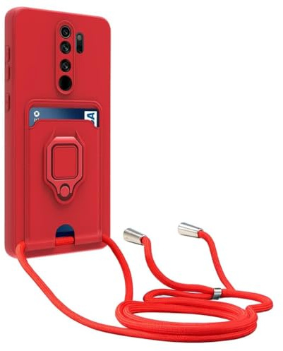 xinyunew Handykette Silikon Hülle für Xiaomi Redmi Note 8 Pro mit Band, Handyhülle mit Kartenfach, Abnehmbar Kordel Kette, 360 Grad Ringhalter Stand Kartenfach Stoßfeste Schutzhülle,Rot