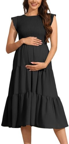 Vuncio Robe Plissée Maternité sans Manche Col Rond Robe mi Longue Grossesse à Volants Ete Grande Taille Ample Enceinte Chic Pas Cher Shooting Photo (Noir, XL)