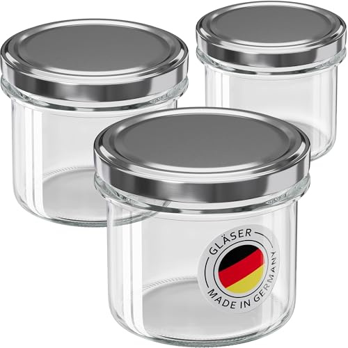 WELLGRO 12x Einmachgläser mit Schraubdeckel - 235ml - Deckel To 82 silber - Made in Germany - Vorratsgläser mit Deckel, Gärglas, Dessertgläser
