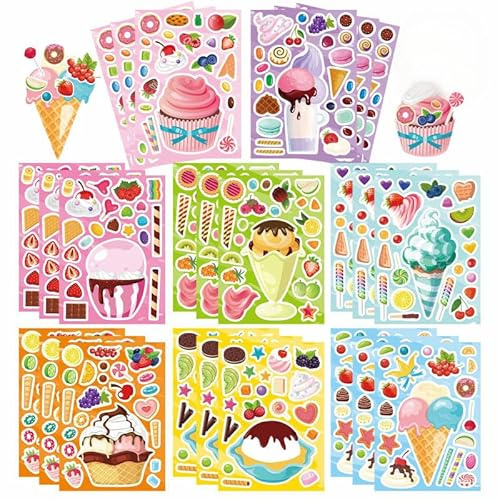 24 Sheets Cartoon Make a Face Stickers, Make Your Own DIY Stickers for Kids, Art Crafts Suitable for Birthday Party Supplies Gifts (Ice Cream and Cupcake)