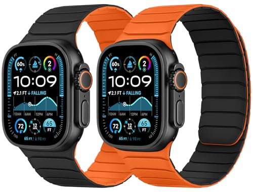 Tasikar Banda Magnética Doble Cara Compatible con Apple Watch 49mm 46mm 45mm 44mm 42mm, Correa Deportiva de Silicona Suave para iWatch Ultra3 2 1 SE serie 11 10 9 8 7 6 5 4 3, Negro-Naranja