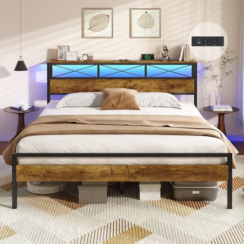 DICTAC Lit Double en Métal 180 x 200 avec LED, Multiprise- 2 Prises AC + 2 Ports USB (A&C), Tête de Lit avec Rangement, 31.5cm Espace de Rangement sous Le Lits, Assemblage Facile