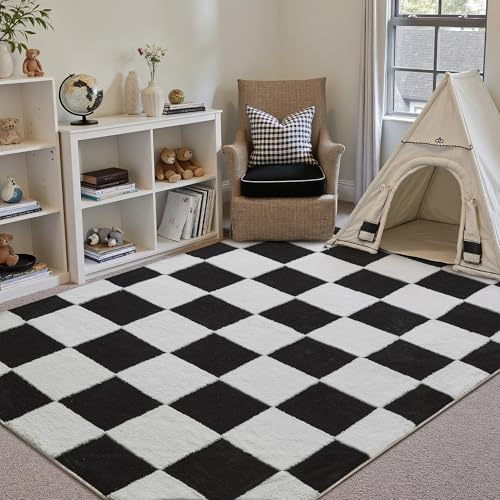 PureCozy Kariert Teppich Wohnzimmer 140x200cm Schwarz Weiß Schlafzimmer Waschbarer Teppiche 3D Effekt Kinderzimmer Kinderteppich Esszimmer Kurzflor Weich rutschfest Groß Carpet