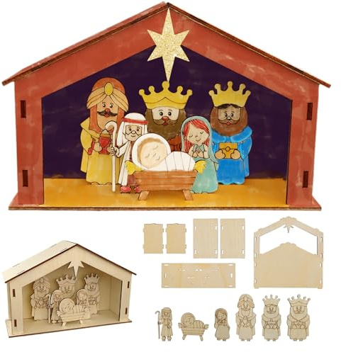 PIujsym Weihnachtskrippe Bausatz, 2 Stück Bastelset Weihnachten Holz Krippenstall mit Figuren, Perfekt für Weihnachten Basteln Erwachsene zum Gestalten Individueller Weihnachtsdekoration