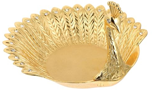 HIAKDOFT Kreative Goldene Obstschale mit Metall pfauen design und Funkelnden Strasssteinen Dekoratives Desktop serviertablett für Snacks Wohnraum und Partys Edle Aufbewahrungsschale