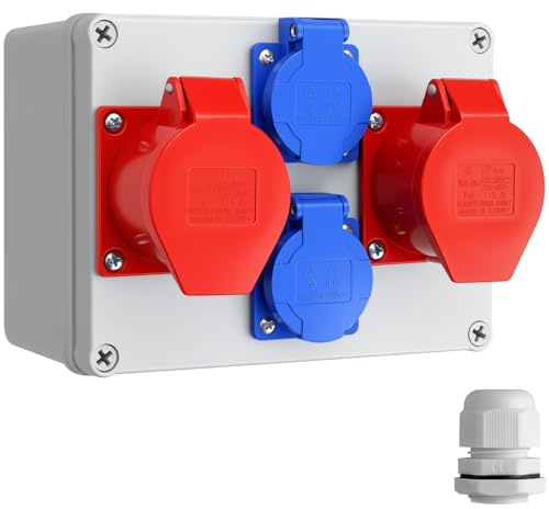ALLmeter Stromverteiler Box mit 2× CEE 16A & 2× Schuko Steckdosen, PC Wandverteiler Gehäuse IP66, CEE IP44 / Schuko IP54, Verteilerkasten für Werkstatt, Garage und Baustelle