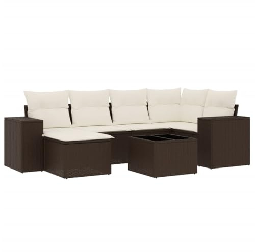 HFXHIJXQ 7-teiliges Braun-PE-Rattan Balkonmöbel Set Eckbank Lounge Sitzgruppe 62×62×69 cm mit Tisch Hocker Wetterschutz für Balkon Garten Terrasse
