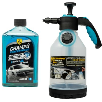 SPSIL Pack Lavado de Coche-Champú Concentrado pH Neutro con Espuma Activa Frescura Marina 500ml + Pulverizador de Espuma 2L,Kit Completo para Limpieza Profesional en Coches y Motos
