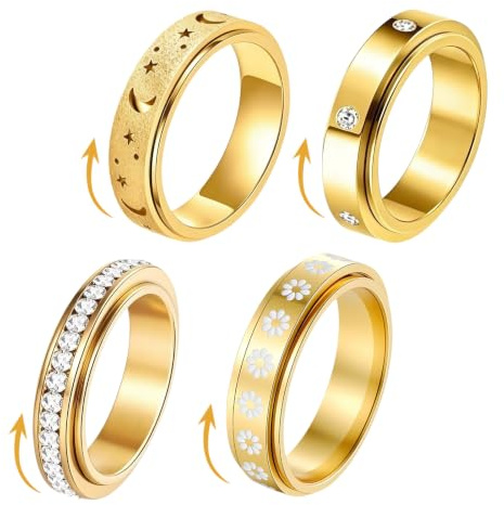 Toimveok 4Pcs Anxiety Ring Gold,Fidget Ring Gold,Antistressringe Drehbar,Stressabbauender Ring, Beruhigt Und Lindert Stress, FöRdert Entspannung, Einstellbarer Druck, Stilvoll Und Vielseitig, Unisex