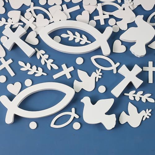 DAHI Streudeko 66pcs Konfirmation Deko Tischdeko Konfirmation Holz, Holzfische Schriftzug mit Streudeko Kreuz Fisch Taube Liebe Ähren Tupfen Deko