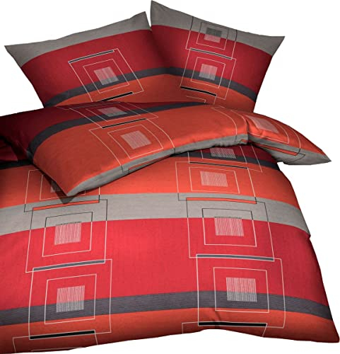Kaeppel Soft Flannelette Bed Linen Quartetto Chilli Red Grey Charcoal Squares, Beaver, multicoloured, 200x200cm Bettwäsche