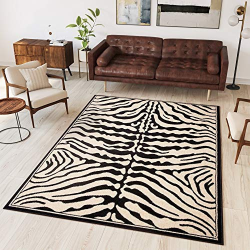 TAPISO Atlas Tapis Poils Ras Moderne Ocre Noir Motif Animalier Tapis Zèbre Bordure Tapis Salon Chambre Adulte Salle à Manger Bureau Oeko-TEX Résistant 120 x 170 cm