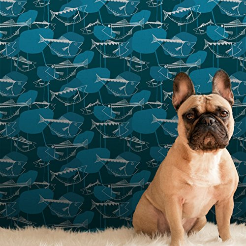 Retro Fisch TapeteAngler Glück im Stil der 70er in petrol (passt zu Ikea) Vlies Tapete Tiere - extravagante GMM Wandtapete Wand Dekoration für edle Wohnakzente (Höhe 3m Breite 46,5cm)