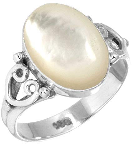 Jeweloporium Silberring aus weißem Perlmutt, Größe 64 (20,4), 925er Sterlingsilberring für Damen, echter ovaler Edelstein, handgefertigter Schmuck