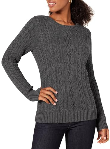 Amazon Essentials Women's Soft Fisherman Cable Long-Sleeve Crewneck Jumper (Available in Plus Size), Charcoal Heather, L