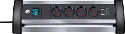 Brennenstuhl Alu-Office-Line Steckdosenleiste 4-Fach mit Schalter (Mehrfachsteckdose ideal für den Schreibtisch, 1,8m Kabel, 2-Fach USB 3,1 A, Made in Germany)