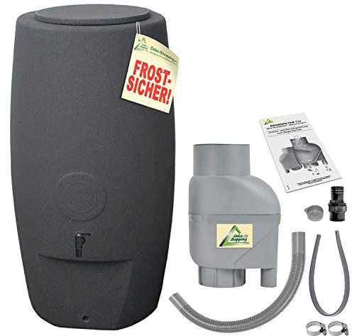 AMUR Regentonnen Regewassertonnen Säule 250l anthrazit inkl. Fallrohrfilter T33 grau- das schlanke Regen-Wasser-Tonne! Regespeicher Regenbechälter. Kompakt und Praktisch mit viel Volumen