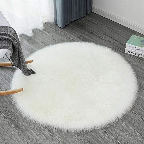 Ommda Teppiche Kunstfell für Wohnzimmer Teppich Fellimitat Rund für Schlafzimmer Wollteppich Shaggy Langflor Abwaschbar für Kinderzimmer,Weiß,130cm