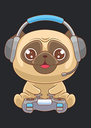 Notizbuch A4 liniert mit Softcover Design: Gamer Mops Hund mit Gaming Headset Computerspiel Geschenk: 120 linierte DIN A4 Seiten