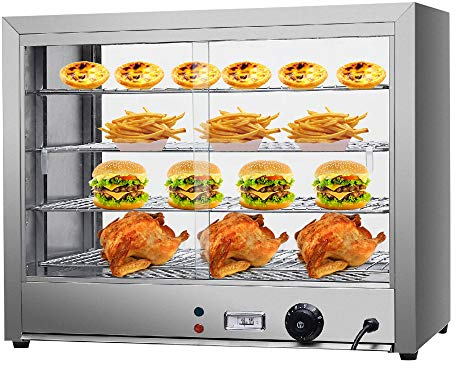 Fetcoi Warmhaltevitrine Catering Heiße Theke Warmhaltebehälter Essen Wärmetheke Aufsatzvitrine Speisenwärmer Elektrisch 30-85°C 800W, mit 4 Edelstahlböden 56,3 x 28,5 cm