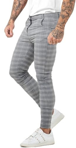 GINGTTO Pantalon Chino Homme Slim Extensible Carreaux Tapered Ajustée Écossaises Élastique Casual Gris 32W/30L