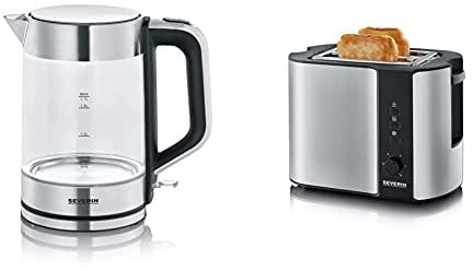 SEVERIN 3420-000 WK 3420 Wasserkocher, 2200, 1.7 liters, Glas-Edelstahl-gebürstet/schwarz & Automatik-Toaster, Inkl. Brötchen-Röstaufsatz, 2 Röstkammern, 800 W, AT 2589, Edelstahl/Schwarz