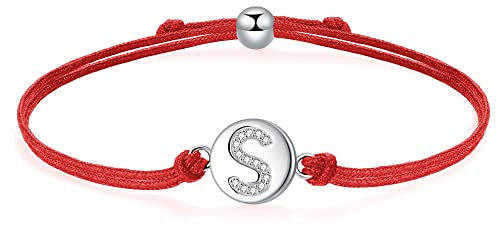 J.Endéar Glück Rotes Kordelarmband mit Buchstabe S für Damen Silber 925, Zirkonia Armband Mädchen, Verstellbares Armband Jungen Schmuck