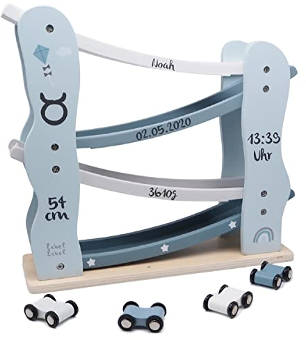 Label Label Kugelbahn inkl. Autos blau - personalisierbar I Geschenk zur Geburt & Taufe I Kugelbahn Holz ab 1 Jahr I Personalisierte Geschenke Baby I Murmelbahn Holzmit Name & Geburtsdaten