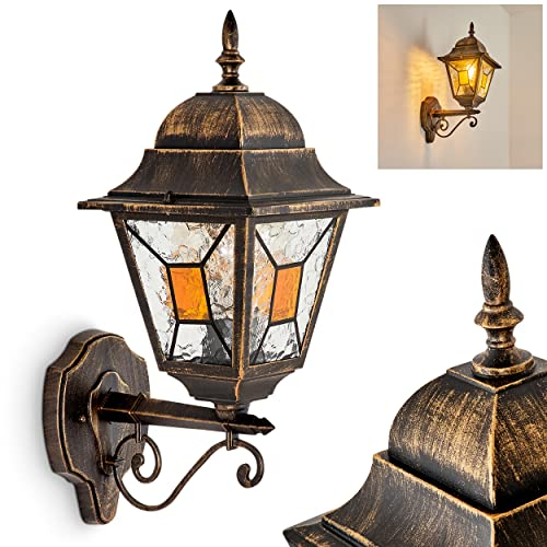 Außenwandleuchte Halla, Außenleuchte aus Metall/Glas in Schwarz/Gold-antik und Klar/Orange, Vintage Wandlampe mit Lichteffekt für Terrasse/Hof/Eingangsbereich, 1 x E27, ohne Leuchtmittel, IP44