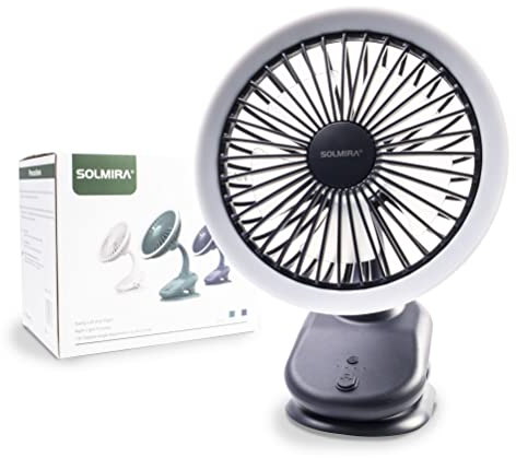 SOLMIRA Ventilador Portátil de Pinza con Batería Recargable USB Tipo C, Diseño de Interior y Exterior sin Cable, Azul Marino, con Luz Propia