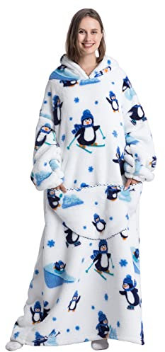 Seogva Extra Long Wearable Blanket Hoodie, Oversized Sweatshirt for Women and Men, Super Warm Cozy Giant Hooded Blanket, Thick Flannel with Sleeves Pocket (Penguins), One Size