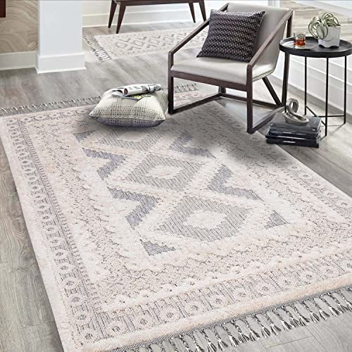 carpet city Teppich Wohnzimmer Boho-Stil Creme, Graublau - 120x170 cm - Bordüren-Look - Relief-Optik, 3D-Effekt - Cut-&Loop, Sisal - Moderne Fransen-Teppiche Schlafzimmer