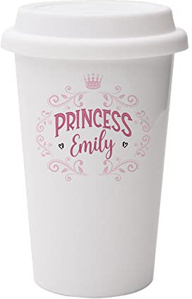 Getagift Princess Mug for Girls and Women, Mother's Day Gift, Princess Personalised Gift for Lady, Female, Birthday, Dual Wall Eco Insulated White Ceramic Travel Mug with White Lid.