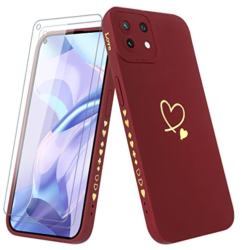 Vauki Hülle für Xiaomi 11 Lite 5G NE/Mi 11 Lite 4G/5G mit 2 Stück Schutzfolie Handyhülle Mädchen mit Herz Motiv Muster Weiches Dünne Silikon TPU Stoßfest Kratzfeste Case für Xiaomi 11 Lite, Claret