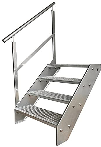 Kaminbau Mierzwa Premium Stahl Treppe Geländer Links Verzinkt 4 Stufen (Breite 1000 mm) (Höhe 76 cm) Wetterfest Gitterroststufe Gartentreppe