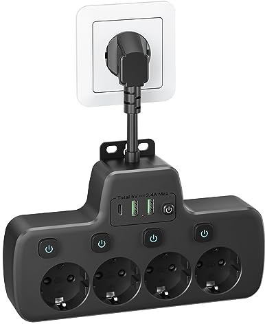 Presa Multipla con Interruttori Indipendenti,Ciabatta Multipresa con USB C,Multipresa da Parete 4 Presa Schuko e 3 USB Caricabatterie Ciabatta Elettrica Adattatore Salvaspazio Cavo 0,1M,Nero