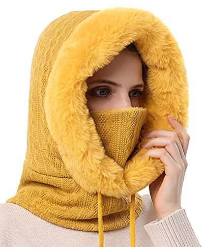 FEOYA 2 in 1 Wintermütze Damen Strickmütze Balaclava Mütze Stricken Winter Warme Fleece Mütze mit Fleecefutter Gestrickte Winddichte Mütze Kapuzen Schal Set Skimütze Frauen Sturmhaube Ski Beanie Gelb