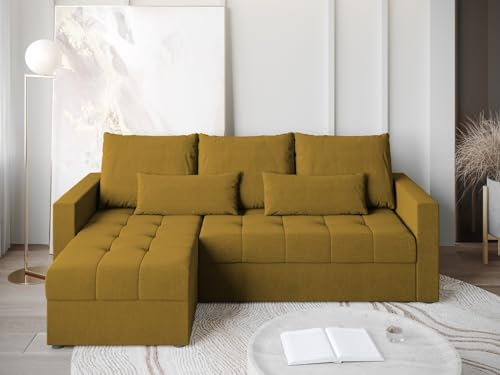 BROMARKT Ecksofa mit Schlaffunktion 226x143x83 - Wohnlandschaft L-Form - Kollektion HOT L LITE - Eckcouch - Samt Couch L Form - Sofa 3-Sitzer - Senfgelb