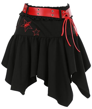 Winx Club Damen Minirock Y2K Hohe Taille Schwarz Ungleichmäßig Rüschen Minirock Gepaart mit rotem Gürtel, Schwarz, Mittel