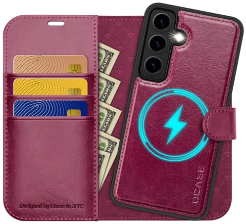 OCASE Kompatibel für Samsung Galaxy S24 Hülle(2in1) Leder Stoßfestes Case [Abnehmbare magnetische Hülle] [Kabelloses Laden] [Kartenfach] Handyhülle RFID Schutzhülle Etui Klapphülle 6,1 Zoll Burgundy