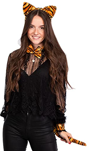 Brandsseller Tier Kostüm Damen Set Tiger - Tigerohren Tigerschwanz und Fliege aus weichem Velour - schnelle Verkleidung perfekt für Karneval, Fasching, Mottoparty & Halloween - Hell
