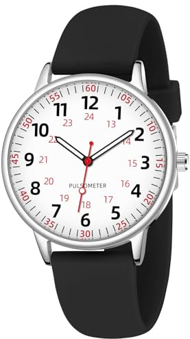 TWOPTION Nurse Watch for Women Waterproof Analog Silicone Watch with Second Hand Easy Read Dial (Black)