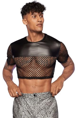 GORGLITTER Men's Fishnet Crop Tops Short Sleeve Mesh T-Shirt See Through Party Nightwear Sheer Shirt Black XL